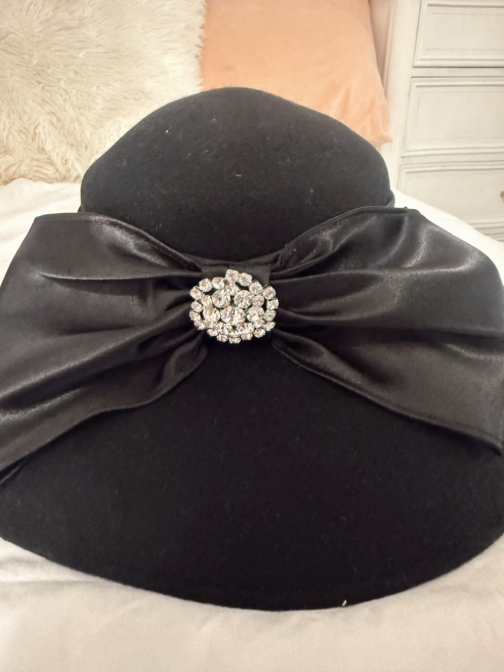Classic Black Wool Cloche Hat with Satin Bow and Crystal Brooch